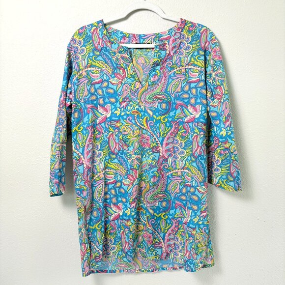 Kikisol Tunic Top Size S Pink Blue Paisley Print Split Hem 3/4 Sleeve Cotton - Picture 1 of 13
